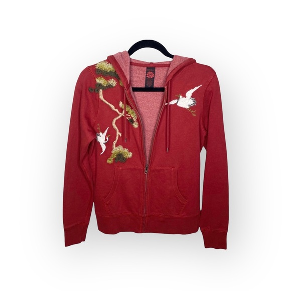 VHTF: Y2K Lucky Brand ☘︎︎ Asian Crane Embroidered Zip Hoodie ☘︎︎ Ruby Red ☘︎ ︎M - Picture 2 of 16
